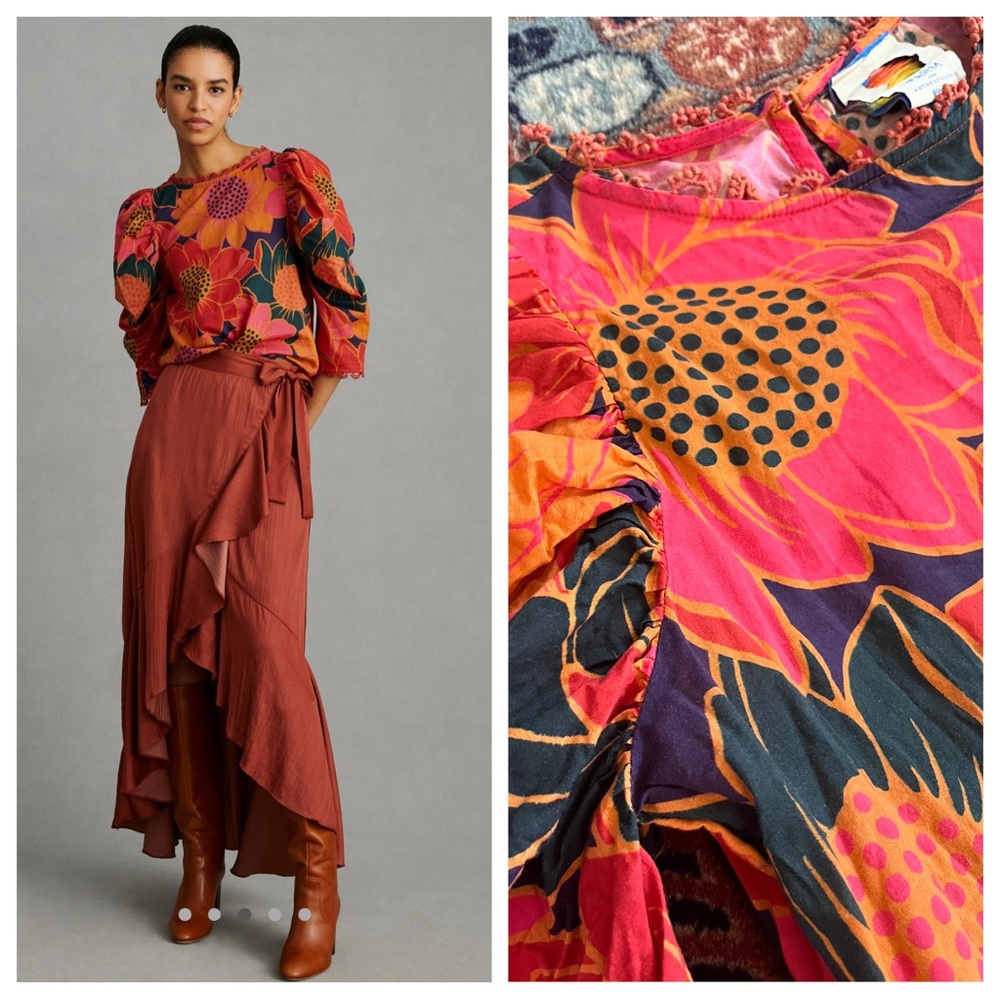 Farm Rio x Anthropologie Pink orange sunflower puff sleeve blouse crop cotton S